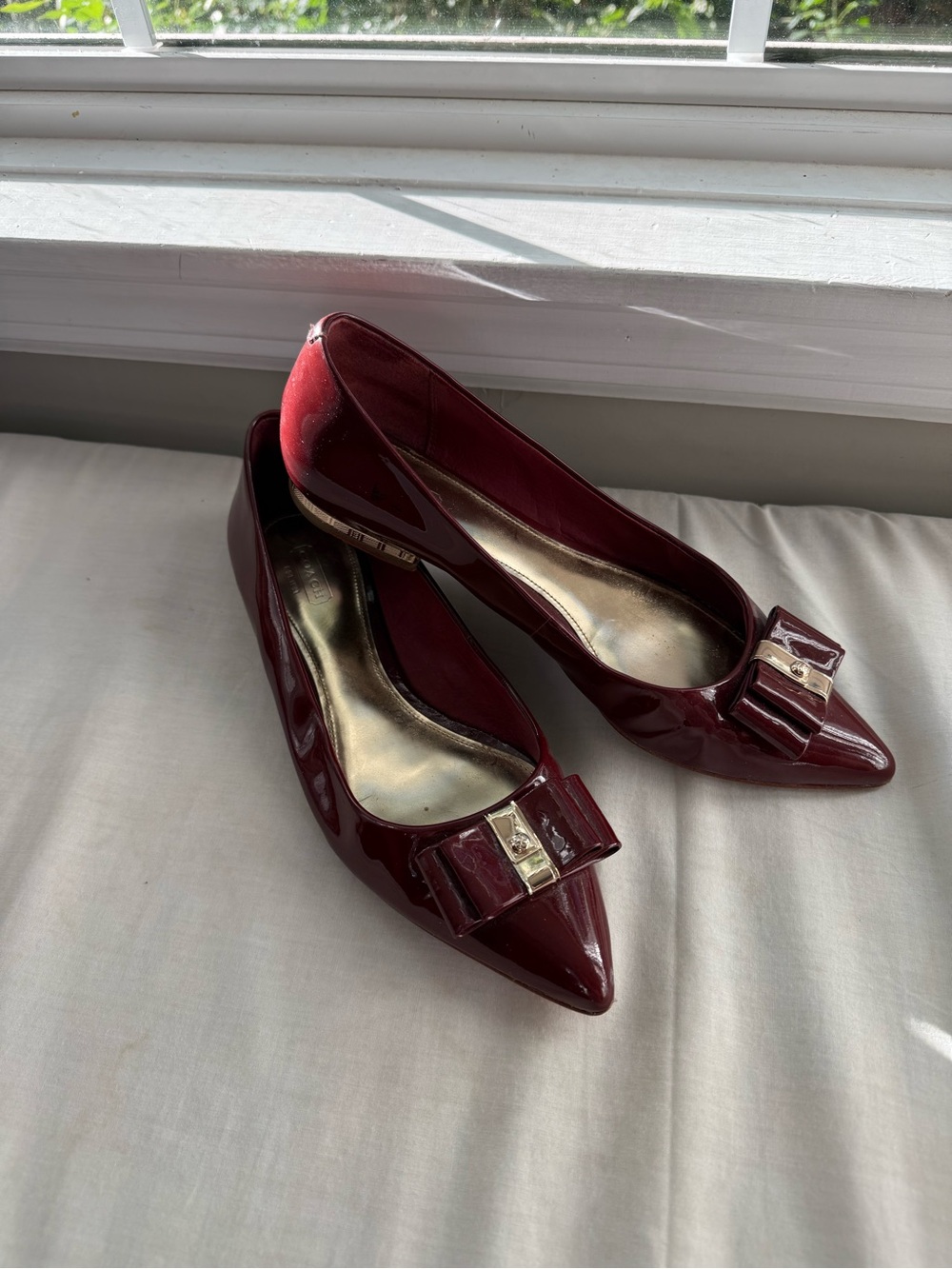 Coach Women's Burgundy Patent Pointed-Toe Flats with Bow Accent